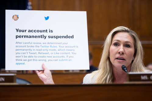Rep. Marjorie Taylor Greene (R-Ga.) discusses the past suspension of her Twitter account during a House Oversight and Accountability Committee hearing.