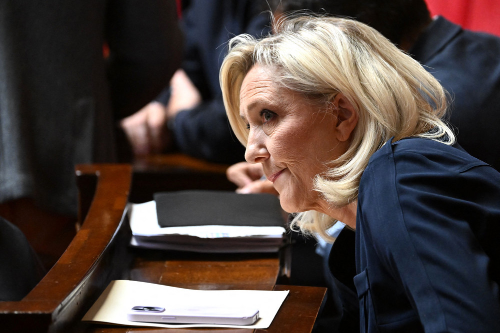 President of the French far-right Rassemblement National (RN) group Marine Le Pen at the National Assembly in Paris on July 4, 2023. 