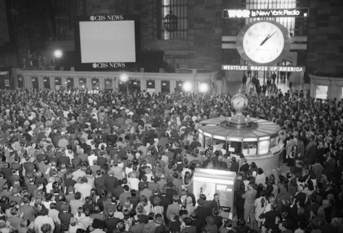 On this date in 1970: People gathered staring at the television screen in Grand Central Station in New York City, watching for the safe landing of the Apollo 13 astronauts in the Pacific. After an oxygen tank failed, the ship, originally headed for the moon, instead swung around the moon and returned safely to earth. 