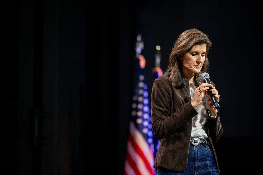 Republican presidential candidate Nikki Haley speaks during a campaign rally at the University of South Carolina, Aiken on Feb. 5, 2024. 