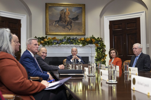 President Joe Biden meets with congressional leaders to discuss legislative priorities through the end of 2022. Biden met with (L-R) House Minority Leader Kevin McCarthy (R-Calif.), Senate Majority Leader Charles Schumer (D-N.Y.), Speaker of the House Nancy Pelosi (D-Calif.) and Senate Minority Leader Mitch McConnell (R-K.Y.) to discuss legislative priorities for the rest of the year.