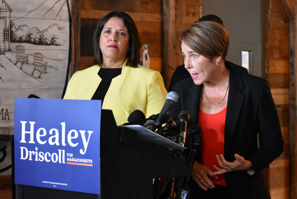 Democrats Salem Mayor Kim Driscoll (left) and Attorney General Maura Healey (right) make their first campaign appearance together as running mates for lieutenant governor and governor, respectively, at the Worcester Public Market on Sept. 7, 2022.