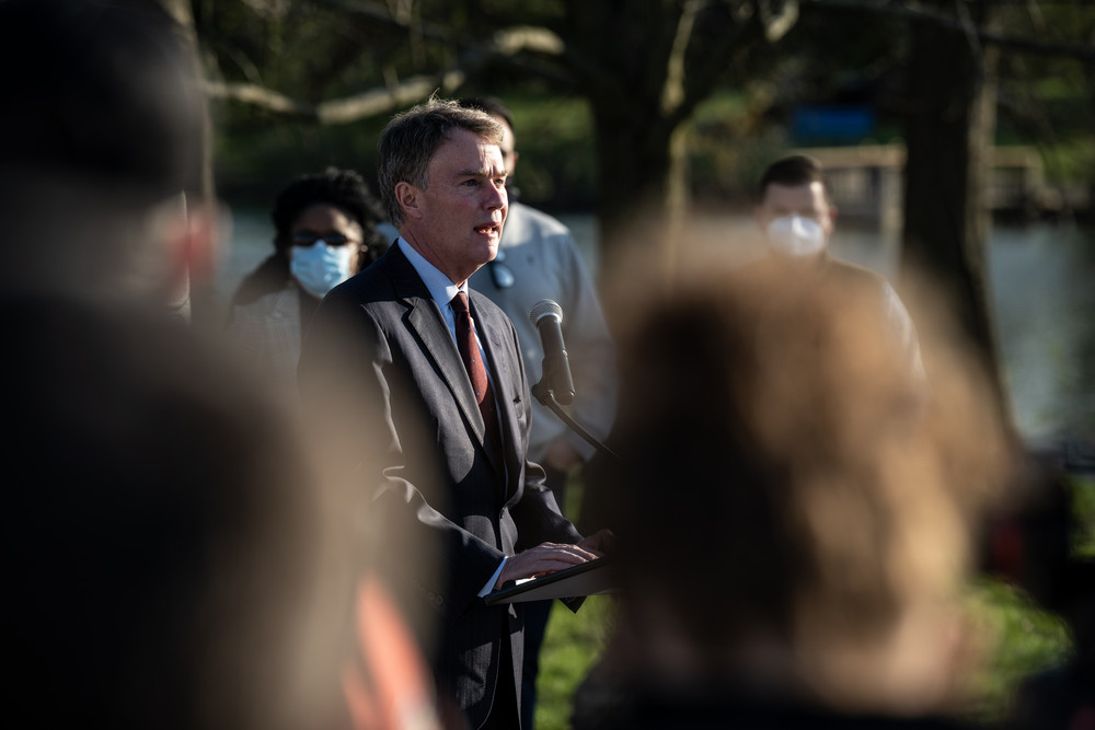 Indianapolis Mayor Joe Hogsett delivers a speech in April 2021 during a vigil to mourn eight murdered FedEx Ground employees in Indianapolis.