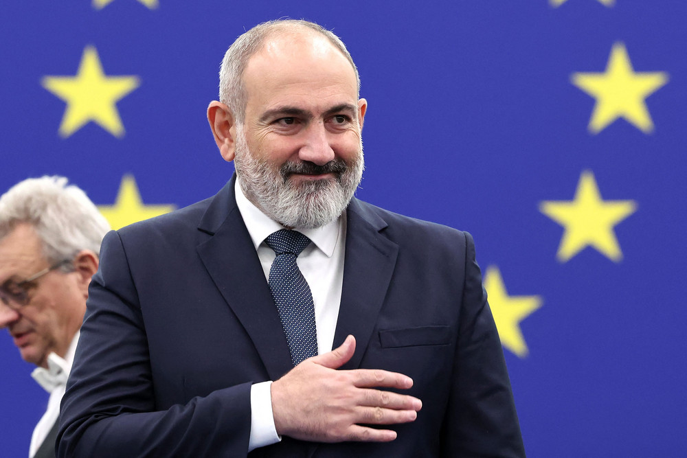 Armenia's Prime Minister Nikol Pachinian addresses members of parliament during a plenary session at the European Parliament in Strasbourg, France, on Oct. 17, 2023. 