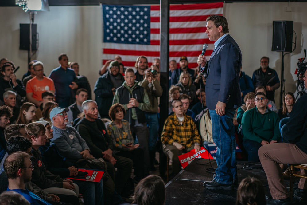 Republican presidential candidate Ron DeSantis speaks at a campaign event at Bella Love Event Center in Ames, Iowa.