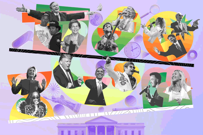 Photo collage of the white house with various famous politicians and musicians.