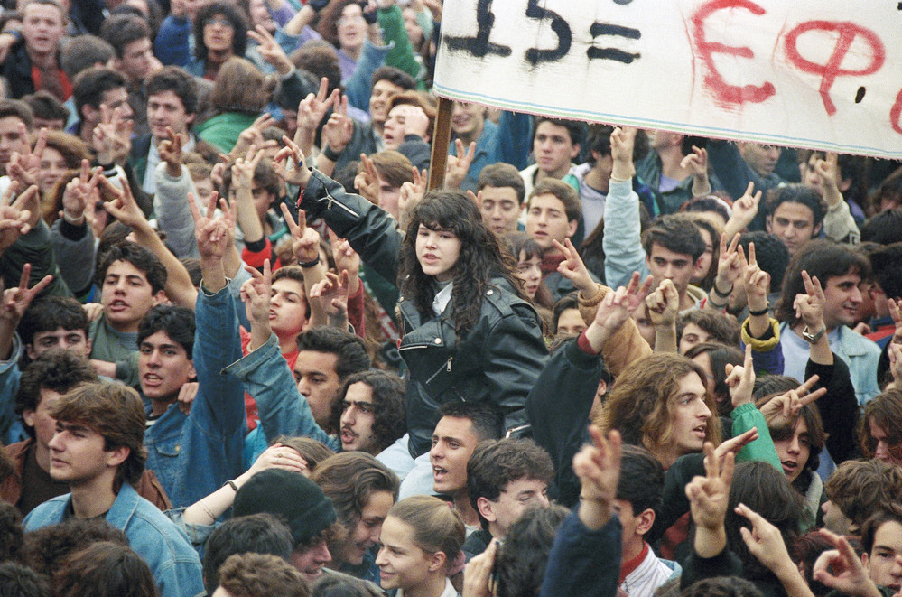 On this date in 1990: Protesters congregate outside parliament in Athens, Greece. More than 50,000 students took part in the march to protest proposed educational reforms legislation.