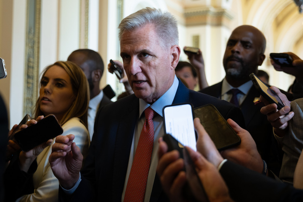 Speaker Kevin McCarthy speaks with reporters at the U.S. Capitol today.