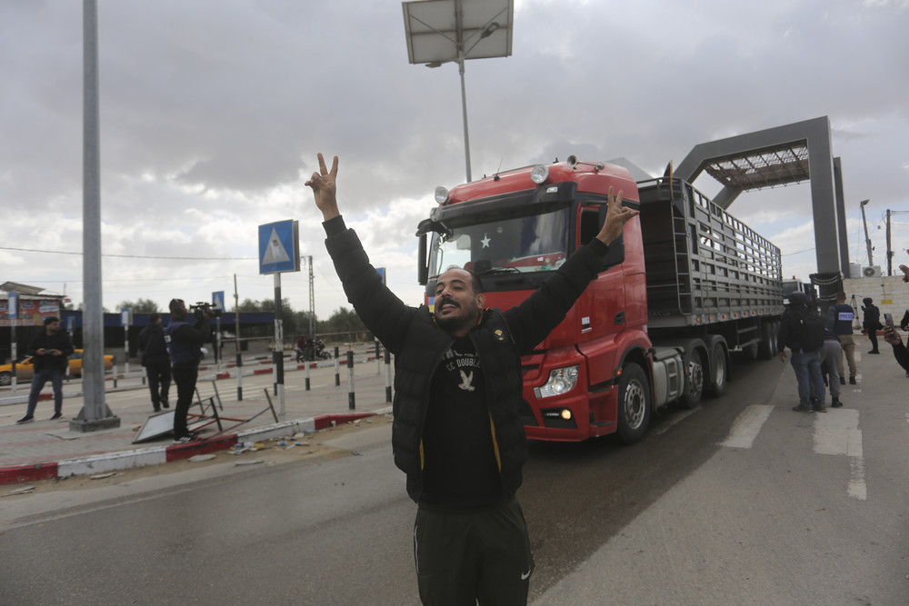 A Jordanian humanitarian aid convoy enters the Gaza Strip from Egypt in Rafah.