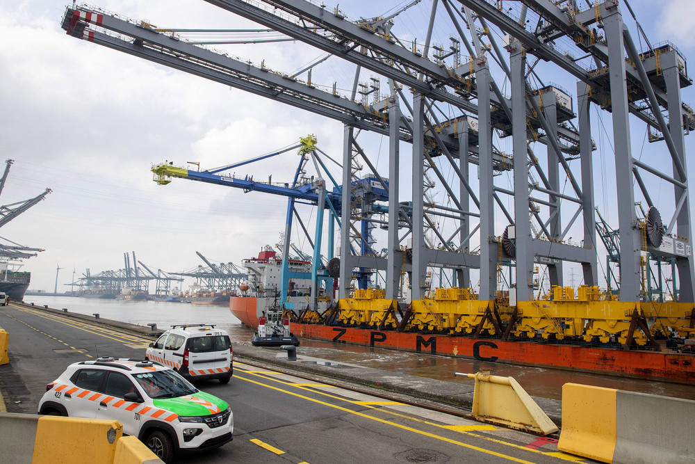 A ship arrives with three new ship-to-shore cranes in Antwerp, Belgium this April. 