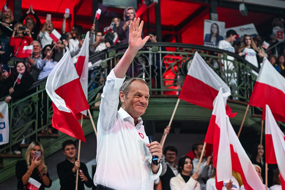 The leader of Civic Coalition Party in Poland, Donald Tusk delivers speech at a rally.