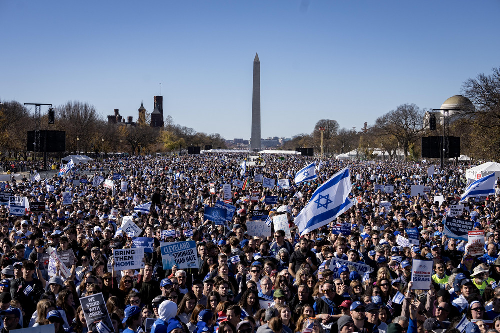 WASHINGTON, DC - NOVEMBER 14: Thousands of people attend the March for Israel on the National Mall November 14, 2023 in Washington, DC. The large pro-Israel gathering comes as the Israel-Hamas war enters its sixth week following the October 7 terrorist attacks by Hamas. (Photo by Drew Angerer/Getty Images)