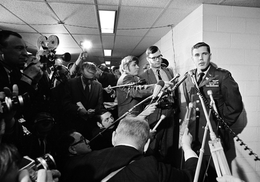 On this date in 1969: Chief Warrant Officer Hugh C. Thompson meets with reporters after appearing before an Army hearing at the Pentagon into the massacre at My Lai. Thompson, an Army helicopter pilot, was credited with calling attention to the "unnecessary killing" of civilians in the South Vietnamese village. U.S. troops killed hundreds of civilians in the village; 26 soldiers were charged with criminal offenses but only one was convicted. 