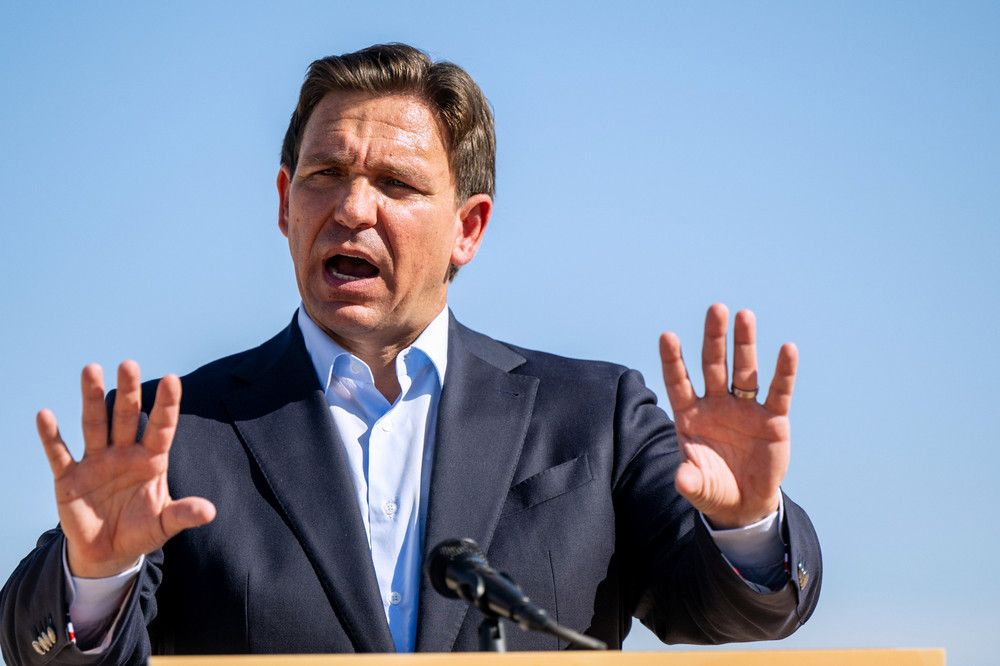 Florida Gov. Ron DeSantis speaks to members of the media and workers at the Permian Deep Rock Oil Company site during a campaign event today in Midland, Texas. 