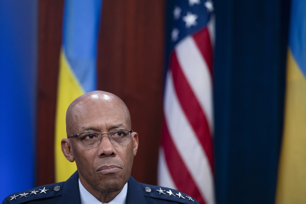 Chair of the Joint Chiefs of Staff Air Force Gen. C.Q. Brown, participates in a virtual Ukraine Defense Contact Group (UDCG) meeting, on  Nov. 22, 2023, at the Pentagon in Washington. 