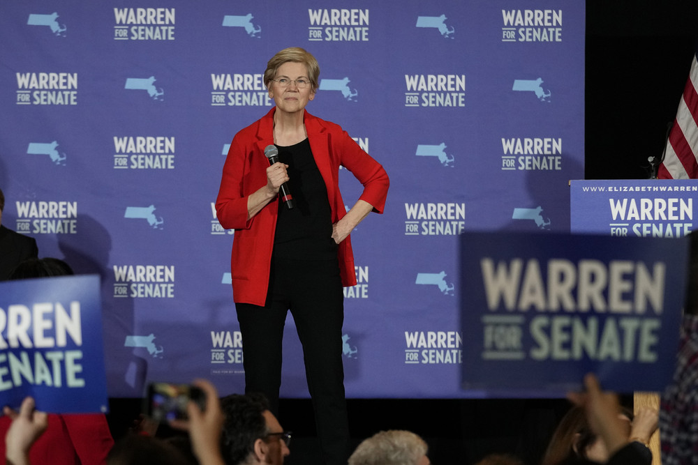 U.S. Sen. Elizabeth Warren, D-Mass., stands during a town hall meeting, Wednesday, April 12, 2023, in Boston. (AP Photo/Charles Krupa)