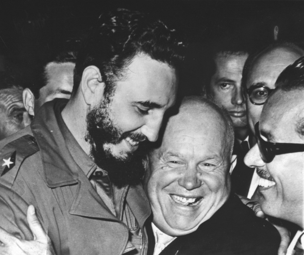 On this date in 1960: Cuba's Prime Minister Fidel Castro and Soviet Premier Nikita Khrushchev embrace one another at the UN General Assembly at the United Nations Building in New York.