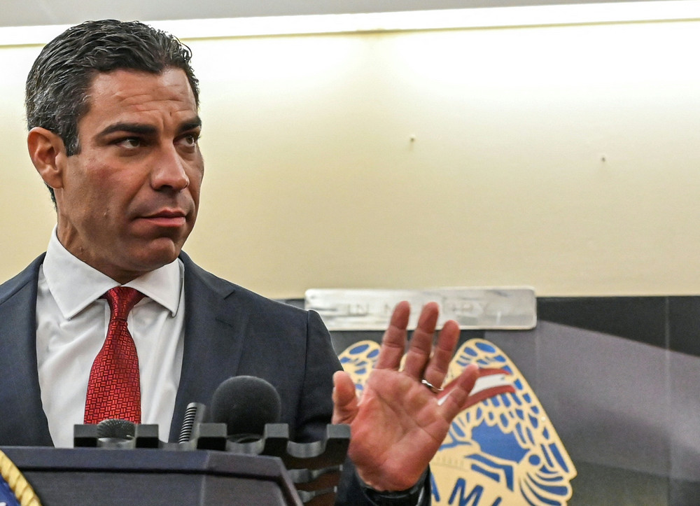 Miami Mayor Francis Suarez speaks during a press conference at the City of Miami Police Department regarding the city's preparations for the court appearance by former President Donald Trump this week. 