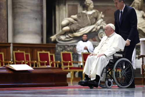 Pope Francis attends a funeral at St. Peter's Basilica on Jan. 14.