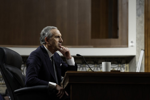 Former Starbucks CEO Howard Schultz testifies before the Senate Health, Education, Labor and Pensions Committee today.