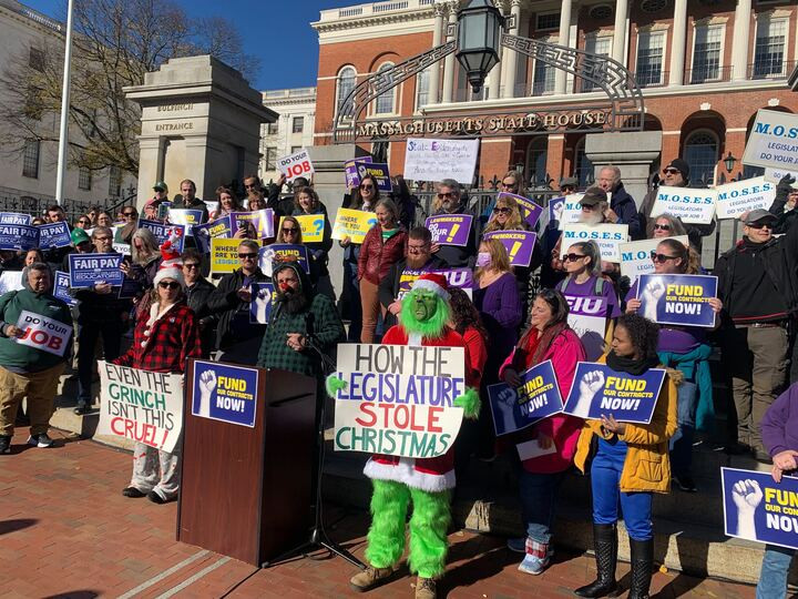 State workers rally outside the Massachusetts Statehouse to urge lawmakers to pass a supplemental budget on Nov. 20, 2023.