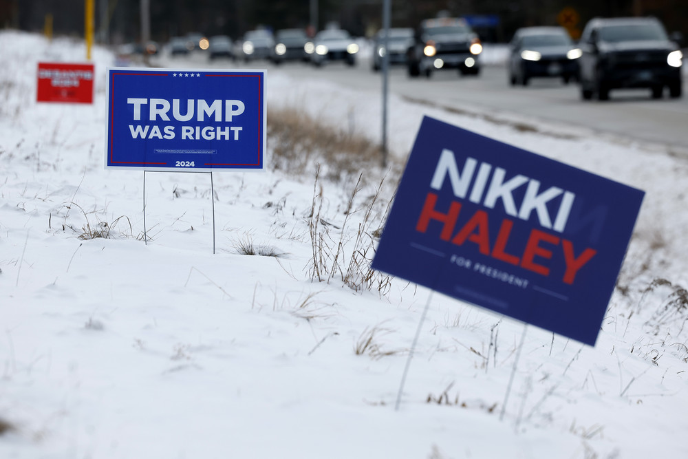 Campaign signs for Republican presidential candidates former President Donald Trump and former UN Ambassador Nikki Haley in Loudon, New Hampshire. 