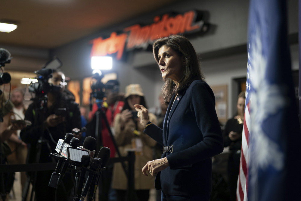 Republican presidential candidate former UN Ambassador Nikki Haley speaks to members of the media.