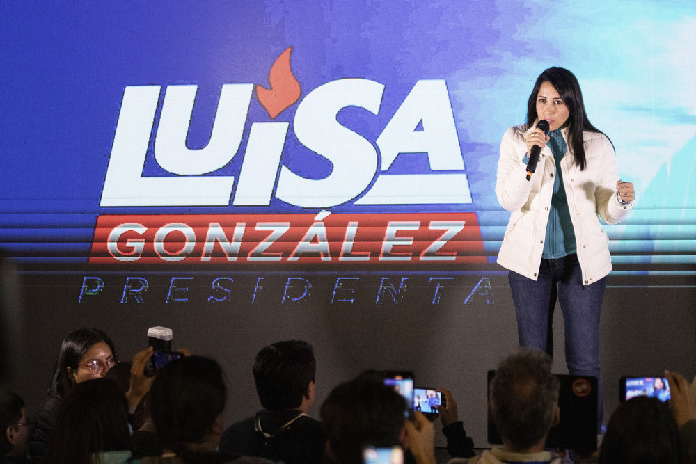 Presidential candidate Luisa González, of the Citizen's Revolution Political Movement, speaks to supporters after the polls closed in Quito, Ecuador. 