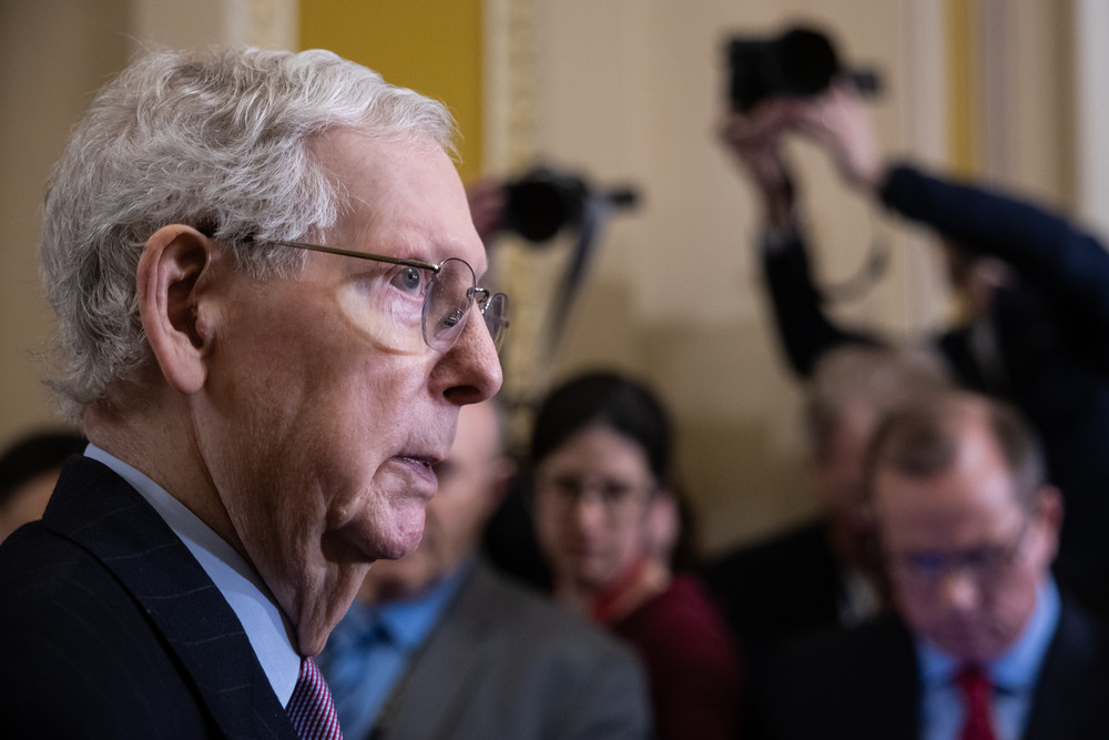 Senate Minority Leader Mitch McConnell (R-Ky.) speaks during a press conference at the U.S. Capitol.