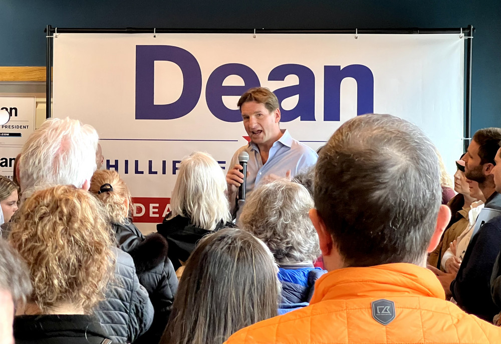Dean Phillips speaks at a campaign stop in New Hampshire.