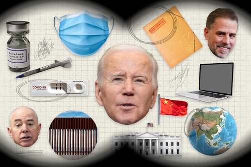 Photo collage of Joe Biden heads surrounded by various images (clockwise): a confidential file folder, Hunter Biden, a laptop, China's flag, a world globe, the White House, an image of the border wall, DHS Secretary Alejandro, a positive covid test, a vile of a covid vaccine and a face mask. The images are overlayed on tan graph paper with surrounding vignette binocular view on the edges.