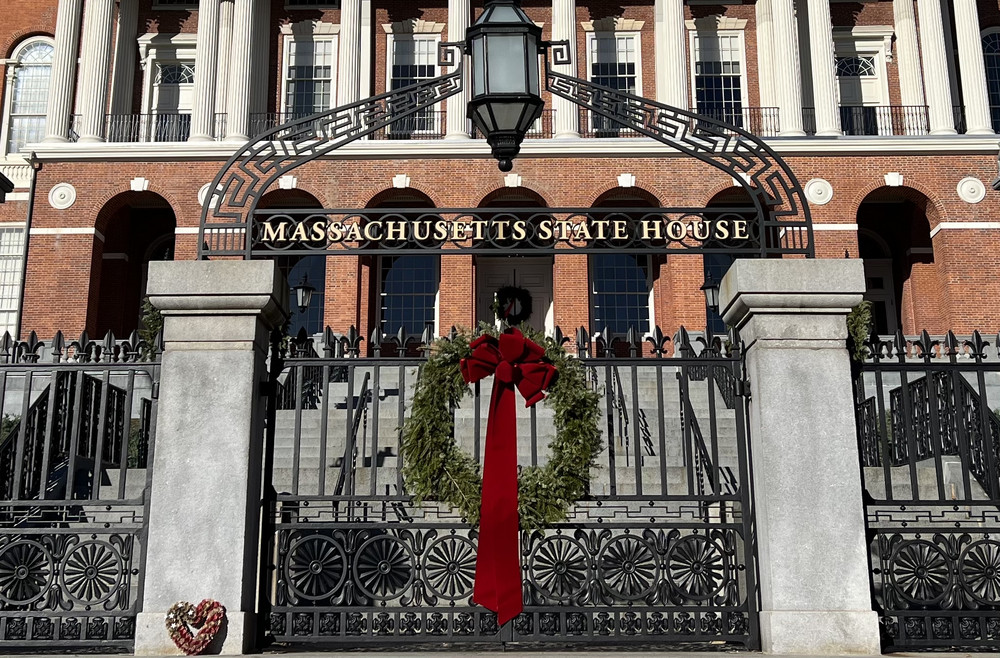 A Christmas wreath outside the State House