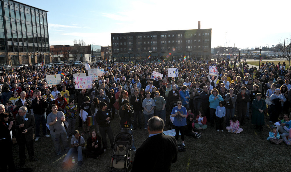 On this date in 2009: A large crowd in Des Moines listens to speakers at a rally of citizens showing their support of the Iowa Supreme Court's decision to legalize same-sex marriage.