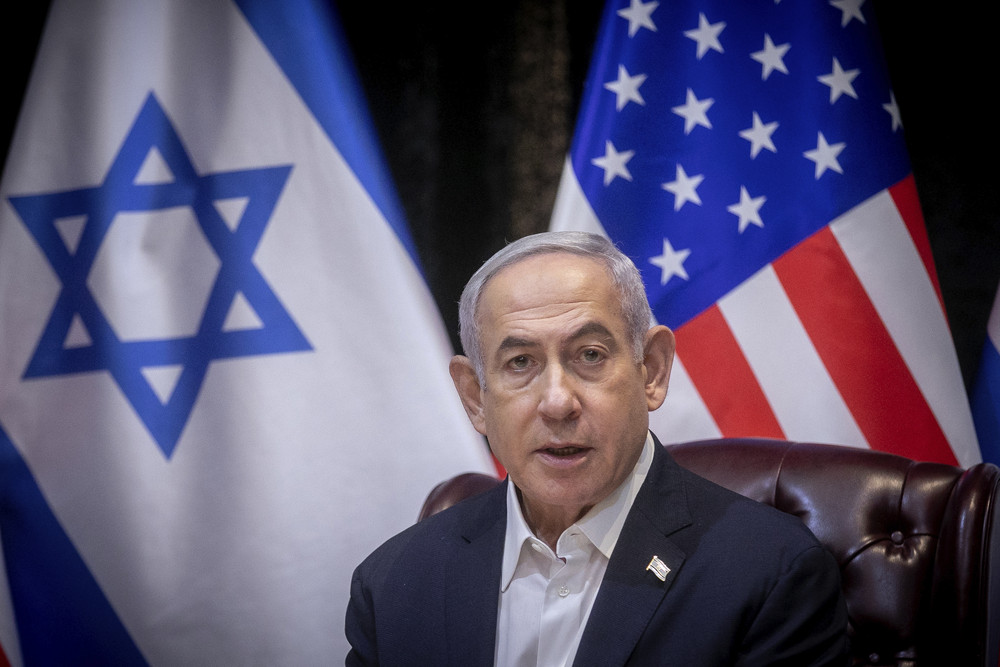 Israel's Prime Minister Benjamin Netanyahu speaks during a meeting with President Joe Biden  in Tel Aviv, Israel on Wednesday. 
