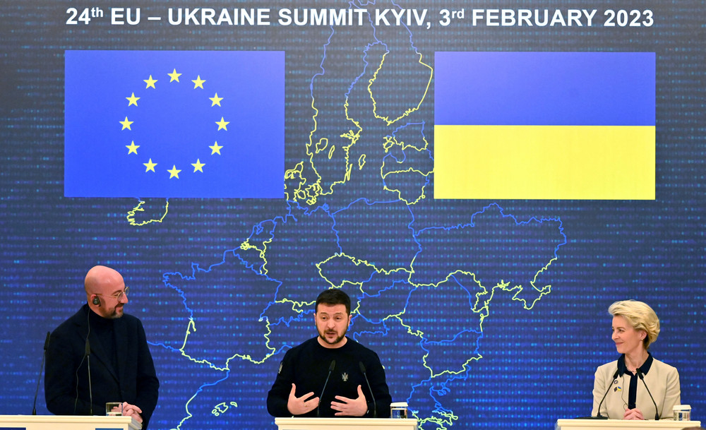 Ukraine's President Volodymyr Zelensky, European Council President Charles Michel and European Commission President European Commission Ursula von der Leyen give a joint press conference during an EU-Ukraine summit in Kyiv on Feb. 3, 2023.
