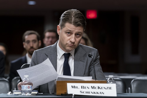 Actor Ben McKenzie testifies during a Senate Banking Committee hearing on cryptocurrency and the collapse of the FTX crypto exchange and its founder Sam Bankman-Fried. 