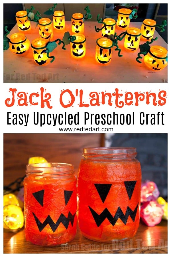 Easy Halloween Lanterns for Preschoolers - looking for cute Halloween Crafts for kids? These lanterns or luminaries are quick and easy to make and made from upcycled jars and tissue paper! They last really well too!
