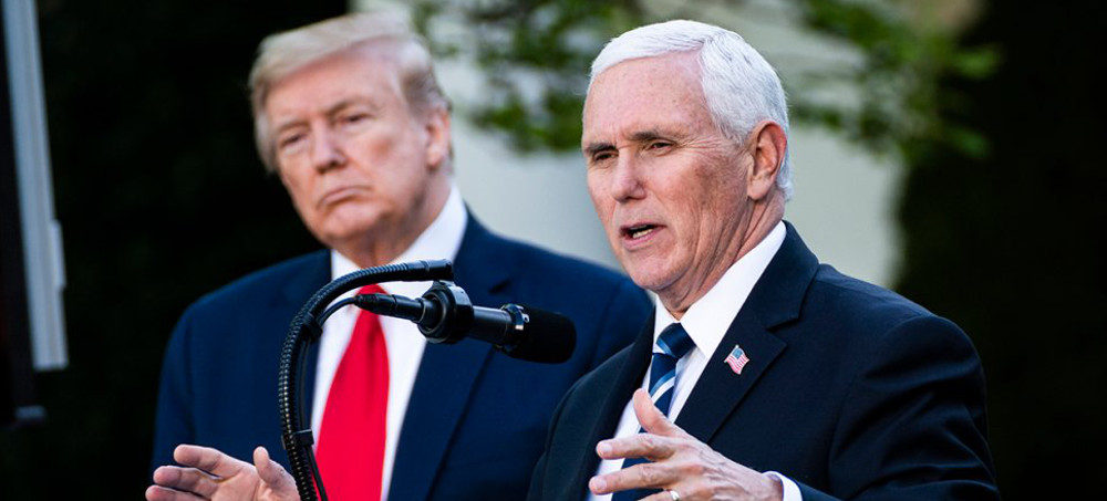 Vice President Mike Pence speaks at a briefing about the COVID-19 coronavirus pandemic as President Donald Trump looks on in the White House Rose Garden, April 27, 2020, in Washington, D.C. (photo: Jabin Botsford/Getty)