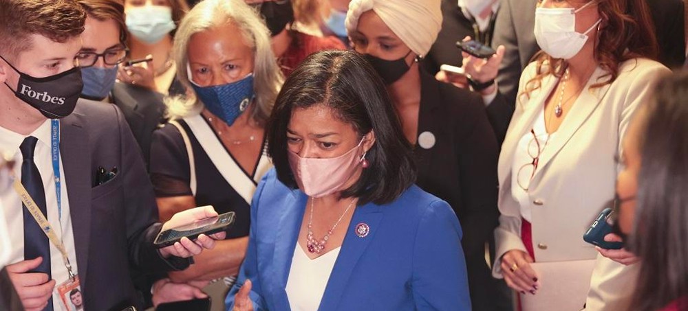Rep. Pramila Jayapal Chair of the Congressional Progressive Caucus speaks to reporters at the Capitol, September 30, 2021. (photo: Oliver Contreras/Sipa-AP)