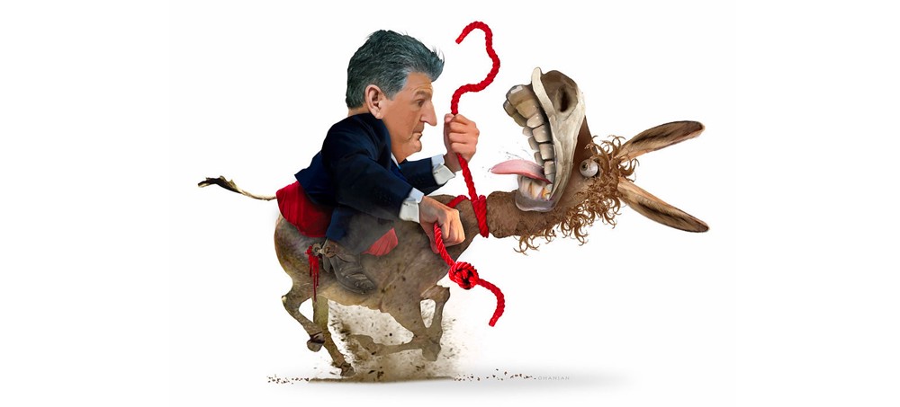 Democratic Senator Joe Manchin of West Virginia at war with his own party. (illustration: LA Progressive)
