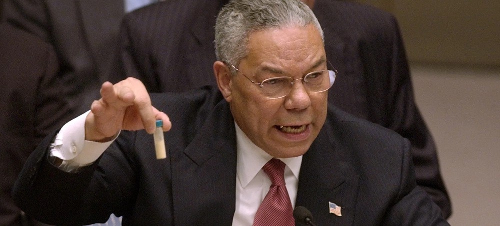 Secretary of State Colin Powell delivers his UN speech on WMDs in Iraq. (photo: Getty)
