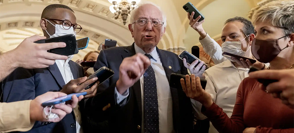 Bernie Sanders leaves a Democratic strategy meeting at the Capitol on Tuesday. (photo: Andrew Harnik/AP)