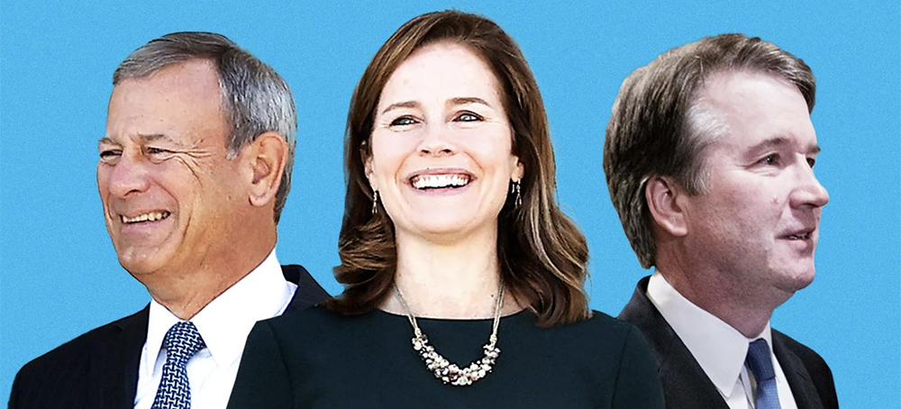Justices John Roberts, Amy Coney Barrett and Brett Kavanaugh. (image: Sarah Silbiger/Getty Images/Chip Somodevilla)