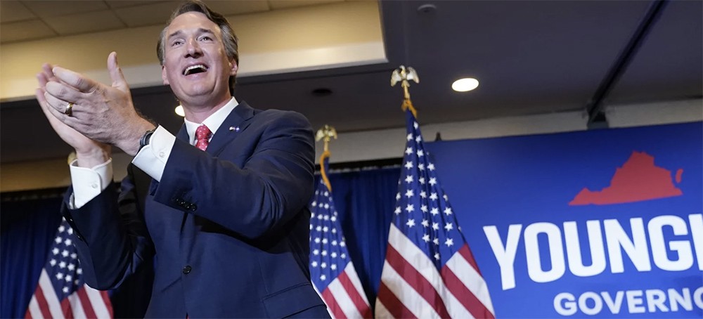 Virginia gov.-elect Glenn Youngkin arrives to speak at an election night party in Chantilly early Wednesday. Youngkin topped Democrat Terry McAuliffe, flipping the Virginia governor's office back to the GOP. (photo: Andrew Harnik/AP)