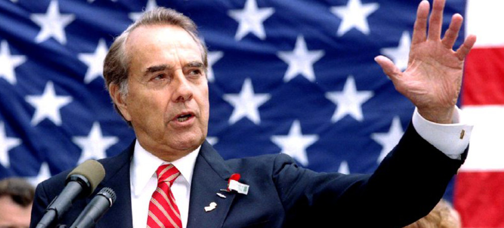 Then-Republican presidential candidate Bob Dole makes a point during a Memorial Day speech in Clifton, N.J., in 1996. (photo: Reuters)