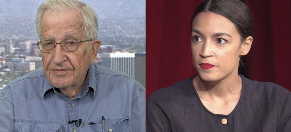 Noam Chomsky and Alexandria Ocasio-Cortez met for the first time on The Laura Flanders Show. (photo: Jacobin)