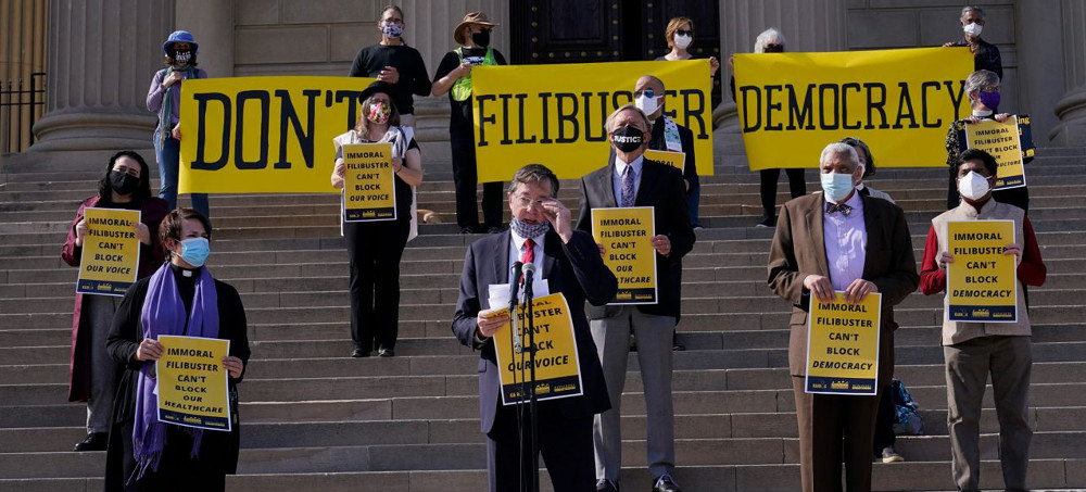 Rev. Liz Theoharis, co-director of The Poor People's Campaign, speaks outside National City Christian Church in Washington, Monday, April 5, 2021. (photo: unknown)