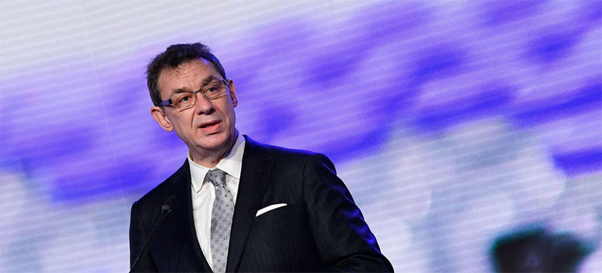 Pfizer CEO Albert Bourla talks during a press conference with European Commission President after a visit to oversee the production of the Pfizer-BioNtech COVID-19 vaccine at the factory of US pharmaceutical company Pfizer, in Puurs, on April 23, 2021. (photo: John Thys/AFP/Getty Images)
