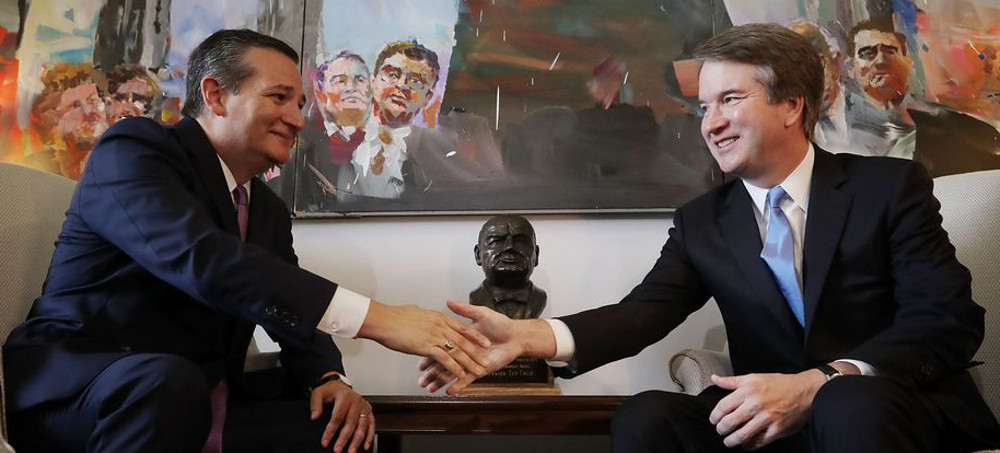 Sen. Ted Cruz shakes hands and poses for photographs with Supreme Court nominee Judge Brett Kavanaugh in Cruz's office in the Russell Senate Office Building on Capitol Hill on July 17, 2018. (photo: Chip Somodevilla/Getty)