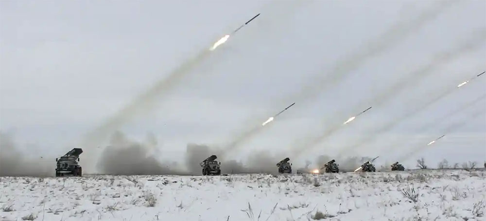 Russian truck-mounted rocket launchers during military drills near Orenburg. (photo: Russian Defence Ministry Press Service/EPA)